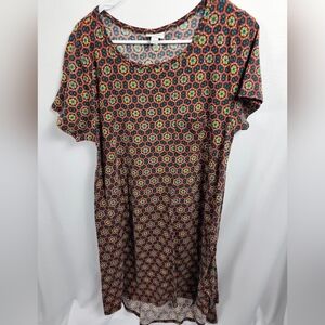 LuLaRoe Short Sleeve Midi Dress in Black, Orange & Green Geometric Print
